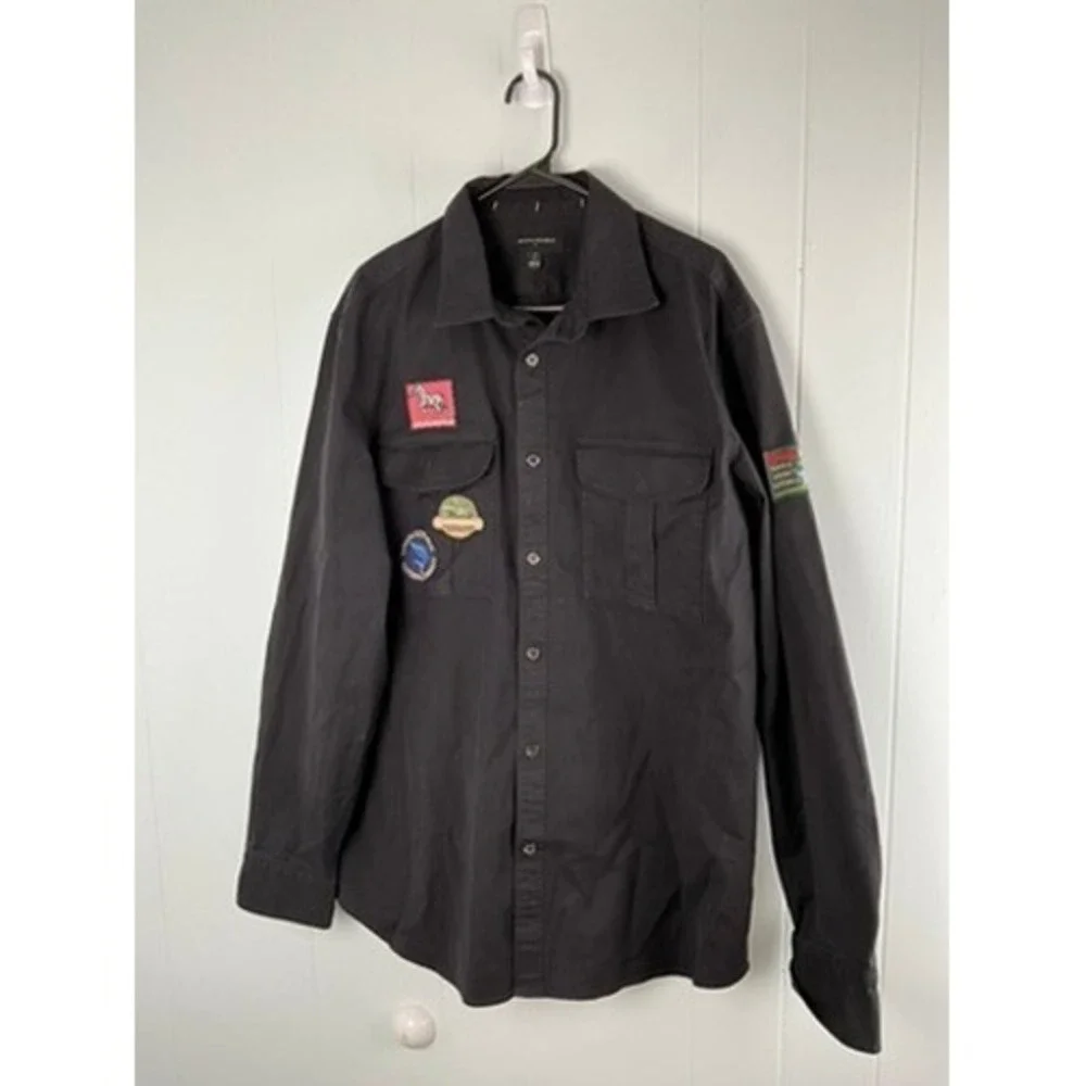 Banana Republic Mens Large Tall Black Safari Utility Shirt Long Sleeve Patches